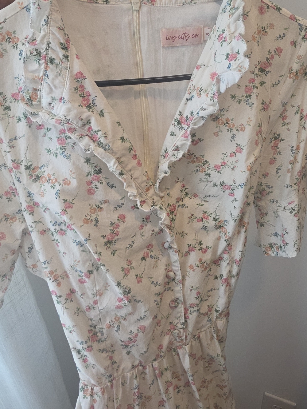 Ivy City Co Ivory Floral Ruffle Wrap Chemise with Pink & Green Accents